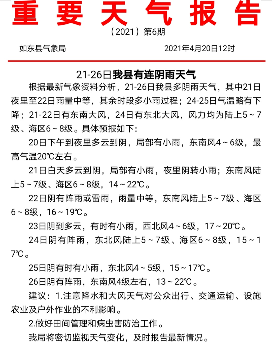 翠岭经营所天气预报更新通知